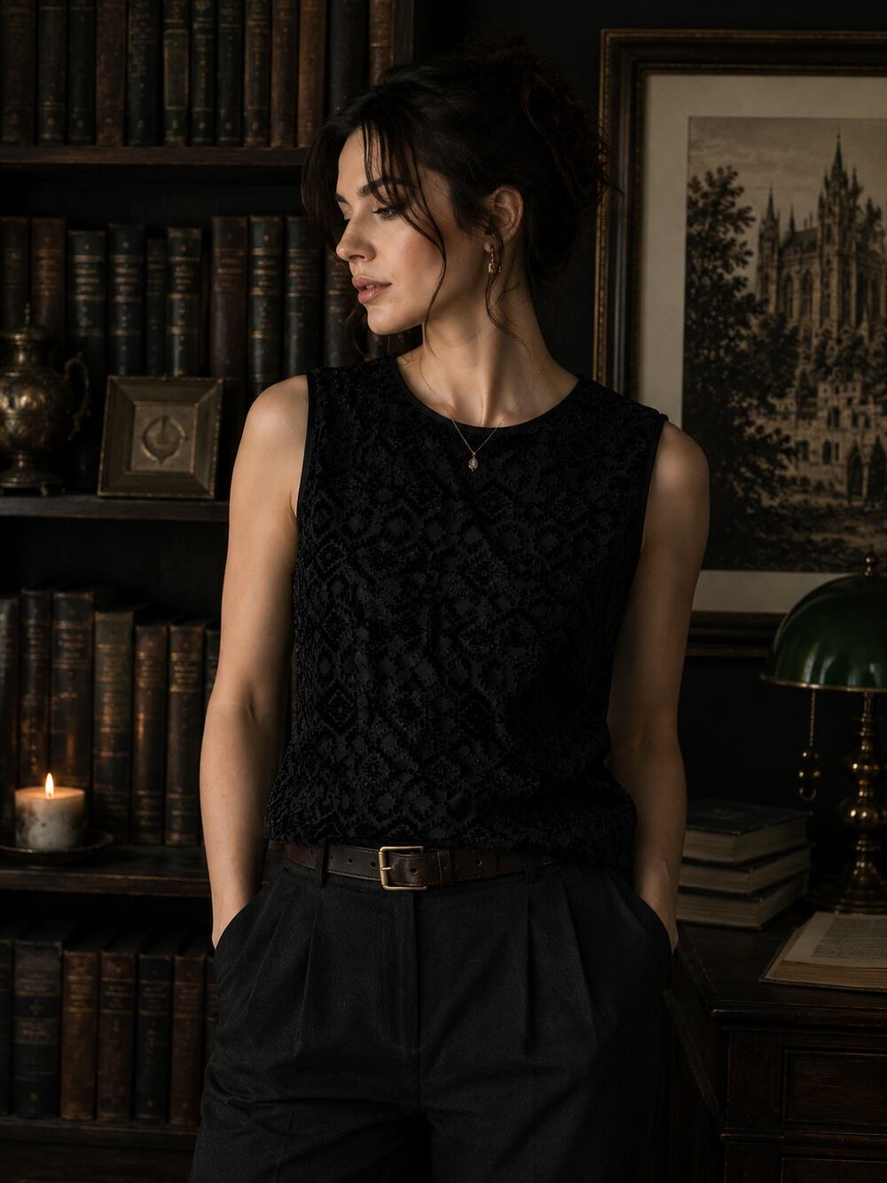 Kasper Sleeveless Top XL Black Velvet Burnout Print Evening Office Dark Academia